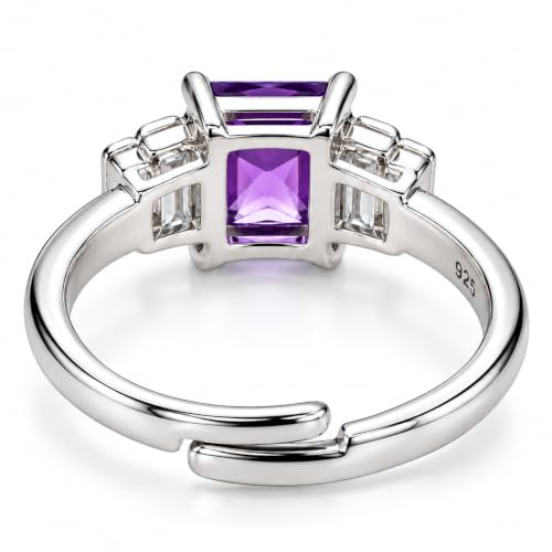 Image of KYAT 925 Sterling Silver Adjustable Ring for Women | Square Princess Cut Purple Amethyst Zircon Stone | Baguette CZ Side Stones | Valentine Gift, Birthday Gift for Girls | Free Size Ring