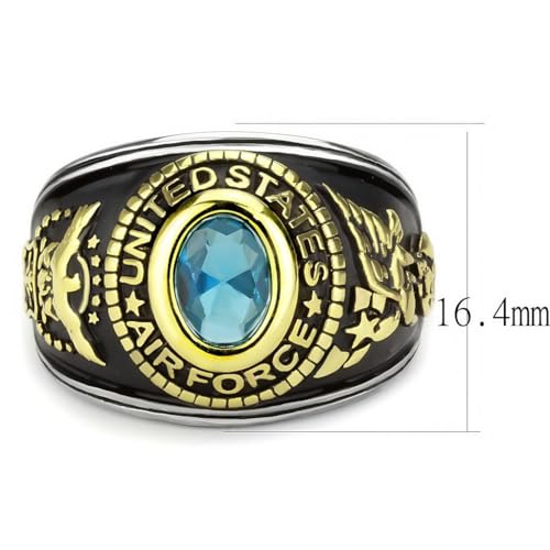 Men's US Air Force Military Ring, Blue Crystal Stone, Gold-Tone and Black Stainless Steel2