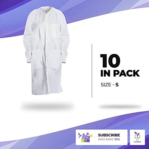 AMZ Medical Supply White Disposable Lab Coat. Pack of 10 Splash Proof Disposable Gowns Small. 40 gsm SMS Unisex Surgical Gowns with Long Sleeves, Knit Collar and Cuffs, 3 pockets. - Thumbnail 2