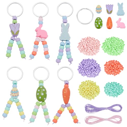 FREEBLOSS 36Set Easter Beaded Keychain Kit Keychain Making Kit Keychain Easter Charms DIY Keychain Supplies Bead Keychain Making Kit Beads for Keychain Making Charms for Keychains