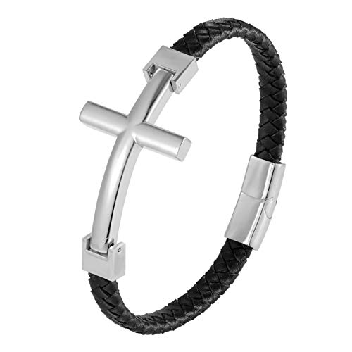 URBAN JEWELRY Trendy Menâ€™s Cross Bracelet â€“ Lordâ€™s Cross in a Luminous Silver or Gold Finish â€“ Rust & Discoloration Resistant Stainless Steel Charm â€“ Black Genuine Leather Rope Cord (Silver)