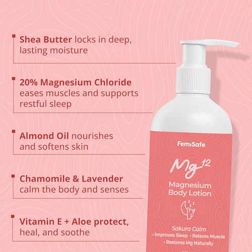 Image of FemiSafe Magnesium Sleep Body Lotion 20% Magnesium Chloride, Muscle & Leg Cramp Relief, Hydrating with Almond Oil, Chamomile, Lavender, Vitamin E + Aloe, Better Sleep Quality, Non-Greasy, 250ml