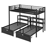 Heavy Duty Triple Bunk Bed with Storage Drawers, Shelves, Triple Bed with Charging Station, Full XL Over Twin Over Twin Triple Bunk for Kids, Teens, Black Triple Bunk Bed