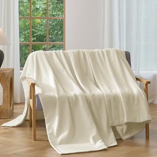 CHUFFED Cotton Waffle Blanket Queen Size - Plush Milk Velvet & Reversible Waffle Weave,Anti-Static 500Gsm Design,Thick Cozy Soft Winter Blanket for Bed, Couch, Sofa - Beige, 90x90 Inches by CHUFFED - Used condition - US$39.90