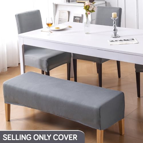 Image of HOKIPO 'SereneSolids' 140 GSM Stretchable Dining Chair Covers Set of 4 with 1 Bench Cover, Smokey Grey (AR-6282-SGRY)