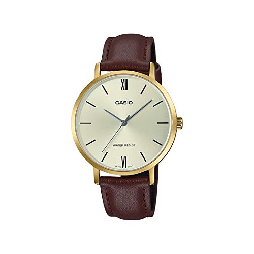 Casio LTP-VT01GL-9B Women's Minimalistic Gold Tone Brown Leather Band Gold Dial 3-Hand Analog Watch