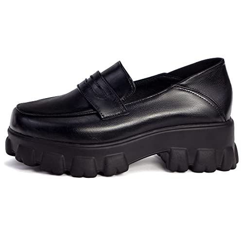 Elerhythm Women's Platform Chunky Heels Penny Loafers Slip-Ons Dressy Round Toe Flat Work Vintage Comfortable Business Casual Shoes (Black, Us 10) #TOP1