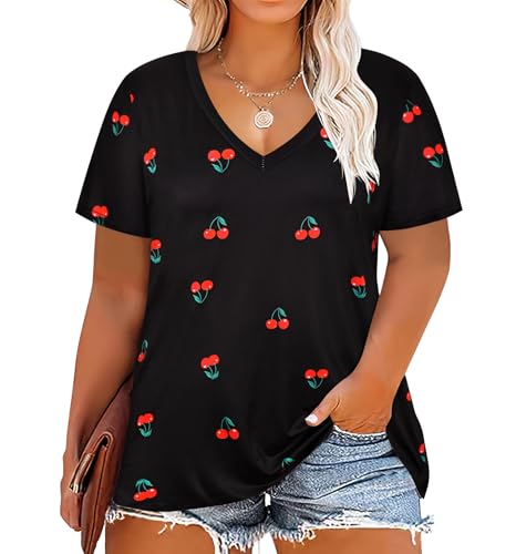 Image of RITERA Women Plus Size Tops Tie Dye V Neck Shirt Floral Camo Summer Short Sleeve Tunic Oversized Ladies Blouse XL-5XL