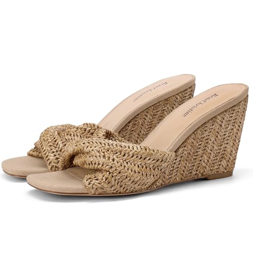 Image of Women's Wedges Heeled Slippers Fabric Heels Slip on Comfy Evening Dress Woven Sandals Square Toe Shoes for Women 3.3 inch Heels