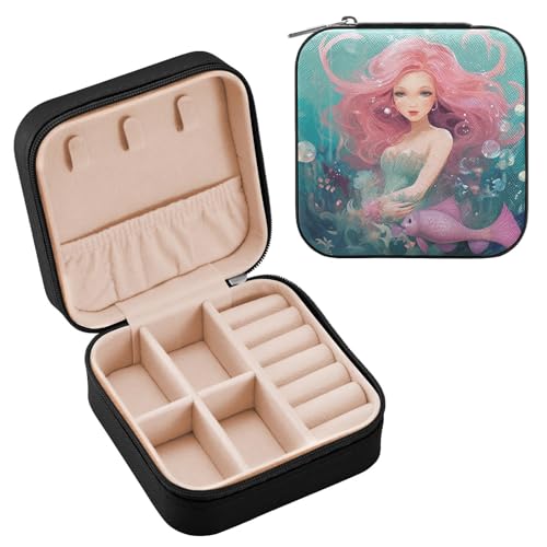 ATTX Caixa de joias de viagem de sereia havaiana, pequenas caixas organizadoras de joias de couro PU para mulheres e meninas, mini porta-joias portátil para brincos, anéis, colares, pulseiras (311)
