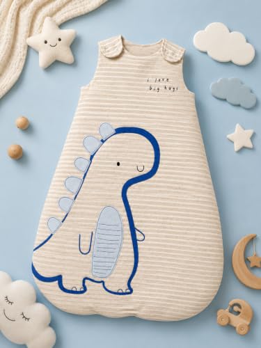 Image of TuddyBuddy Baby Cotton Wearable Quilted Sleeping Bag Blanket 1.5 Tog with 1 Way Zipper Closure | Ideal for Babies & Kids Hypoallergenic Fabrics | (Beige Sripes Dino, 12-18 Months)