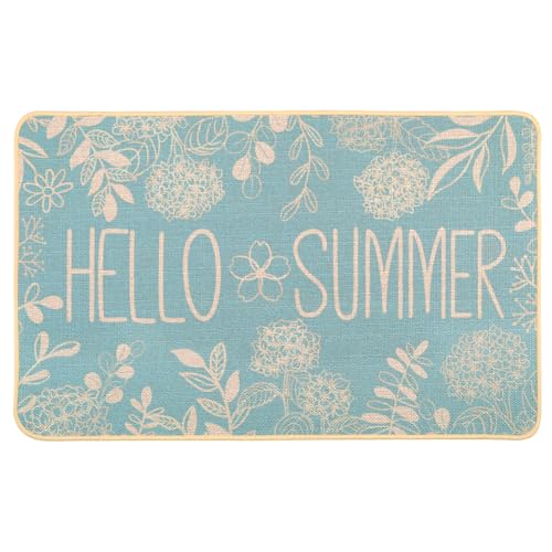 Heirloom Haven Hello Summer Door Mat Welcome Doormat, Plants Outdoor Rug Leaves Decor Floor Front Door Mat Non-Slip Entrance Mat for Home Kitchen Bathroom Decorations 17 X 29 Inch(Blue)