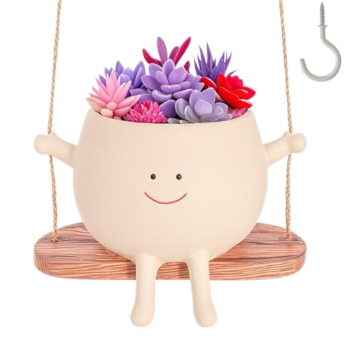 YGG MHYOO Swing Face Hanging Planter Pot with Drainage Hole - Resin Smiley Flower Pot for Indoor/Outdoor, Pearl Plants & Succulents, for Mothers, Holiday Décor