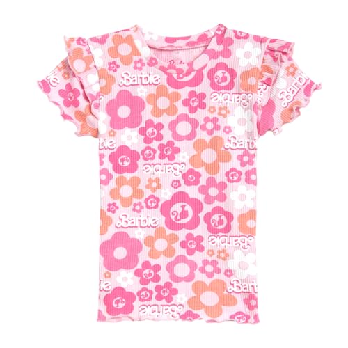 Image of Barbie Floral Girls Ribbed T-Shirt and Shorts Outfit Set Toddler to Big Kid Sizes (2T - 14-16)
