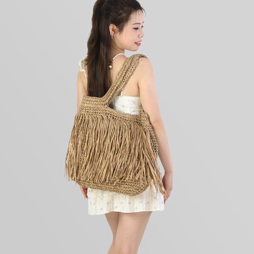 Bolso Tote playero de paja con flecos color marrón miniatura 6
