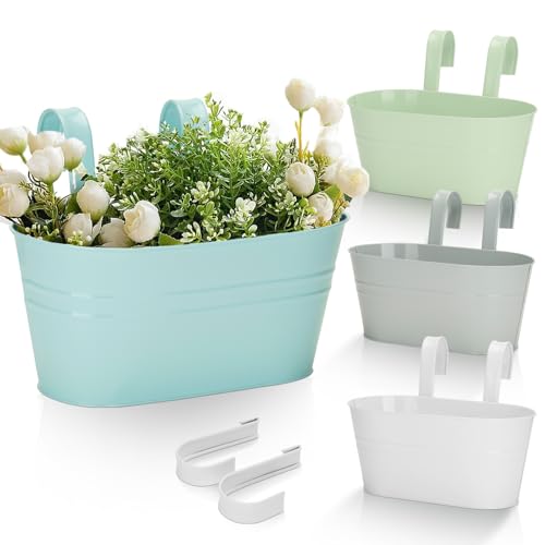 KINGLAKE 27 cm Pots de Fleurs en métal à Suspendre 4 pièces, Grand Pot Fleur Suspendre Metal pour intérieur extérieur Balcon clôture - avec Crochet...
