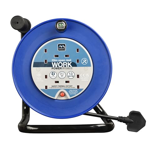 Masterplug Four Socket, 25 Metre Open Cable Reel, Medium Extension Lead Reel, Wind-Up Power Retractable Cord Reel, Heavy Duty, Thermal Cut Out, Work Power, Blue/Black, 13A, 4G, 25m, LDCC2513/4BL