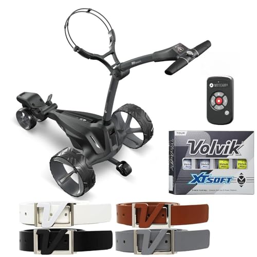 AMBA7 Motocaddy M7 Remote Electric Golf Caddy, Click ‘N’ Connect Cable-Free Battery, with Essential Accessory Pack Bundle with 1 Dozen Volvik XT Soft (Mix Color) and Volvik Leather Belts