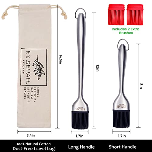 It's Senah | New 7Pcs Bundle | 304-Stainless Steel Bbq Grill Basting Brush With 100% Natural, Dust-Free Cotton Storage Bag, Easy Grip Handle Oil Brush, Anti-Rush Baking, Pastry Cooking Brushes #TOP2