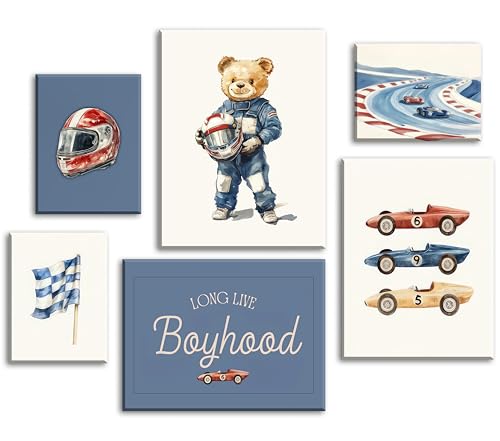 Set of 6 Nursery Race Car Canvas Wall Art Vintage