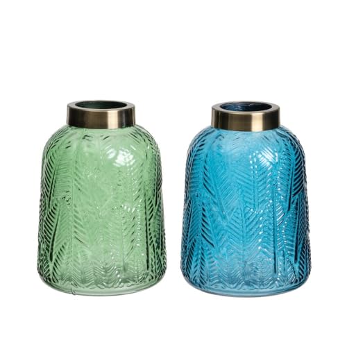 LOLAhome Set de 2 jarrones con Tallado de Hojas de Cristal Azul y Verde
