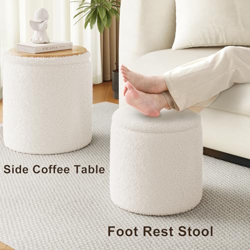 Round Boucle Ottoman with Storage Set of 2, White Ottoman Poufs for Living Room, Sherpa Storage Ottoman Stool, Cute Teddy Foot Rest, White Makeup Vanity Stool Chair, Small Coffee Table