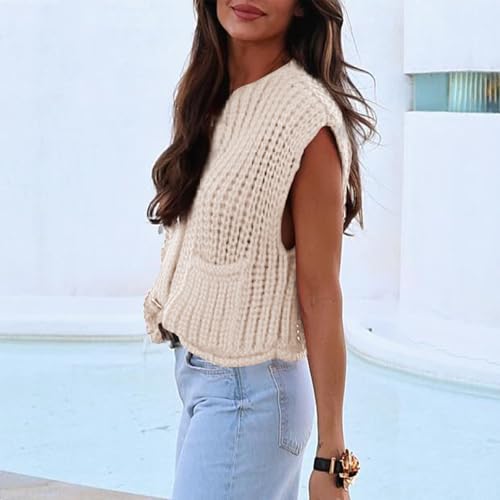 Image of Ainangua Sleeveless Cropped Cardigan for Women Casual Chunky Knit Tank Tops Button Down Open Front Sweater Vest with Pockets