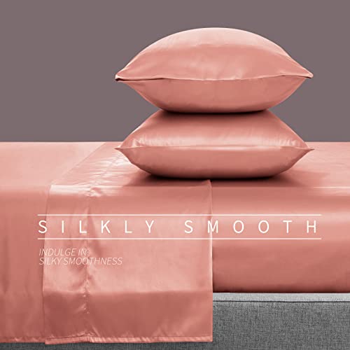 Cobedzy 4 Piece Luxury Queen Sheet Set, Soft Silky Bed Sheets Queen Set, Rose Gold Satin Sheet Set With 1 Deep Pocket Fitted Sheet 1 Flat Sheet 2 Satin Pillowcases #TOP2