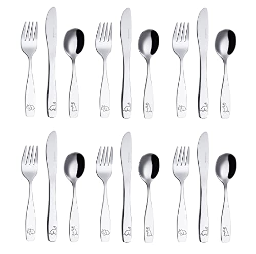 EXZACT Kinderbesteck 18 Teiliges Edelstahl - Besteck Kinder ab 2 Jahre - Spülmaschinengeeignet Gravurbesteck - 6 x Gabeln, 6 x Sicherheitsmesser, 6 x Esslöffe (Dinosaurier x 18)