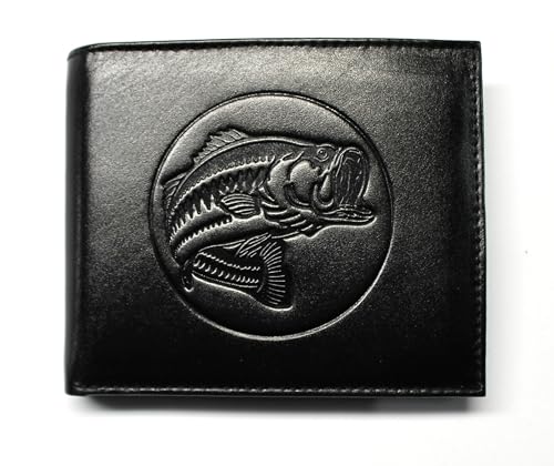 Bass Fishing Embossed Leather Bifold Wallet - Black RFID Safe
