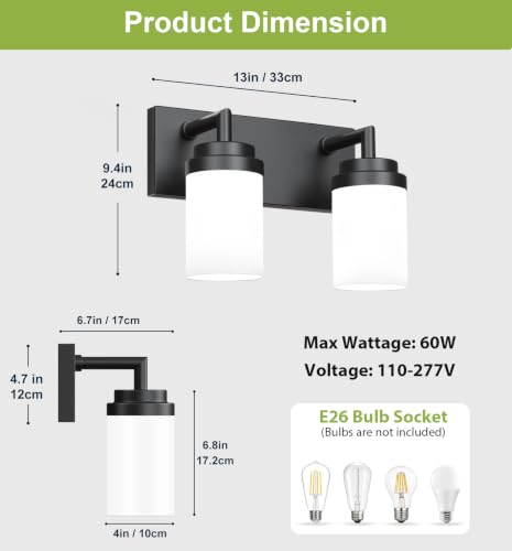 Image of Bathroom Light Fixtures, Matte Black Bathroom Lighting Fixtures Over Mirror, Modern Vanity Light with White Glass Shade, Restroom Lighting Fixtures, 2-Light 13-inch