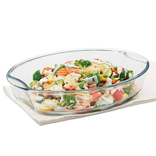 Image of Borosil 2.5 L Baking & Serving Dish with Handle | Bowl Container | Borosilicate Glass Bakeware and Serveware Casserole Dish Tray | Microwave, Oven & Dishwasher Safe | Transparent
