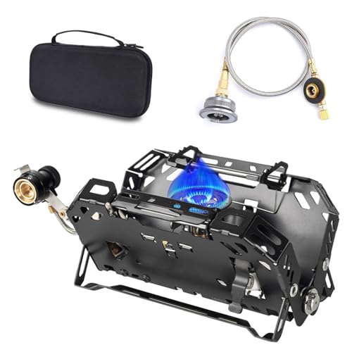 Docybuty Portable Butane Camping Stove 8190BTU Butane stove Peizo Click Ignition With carrying bag Isobutane Adapter Hose Portable Cassette Stove for Outdoor Backpacking Hiking Outdoor Camping Cooking