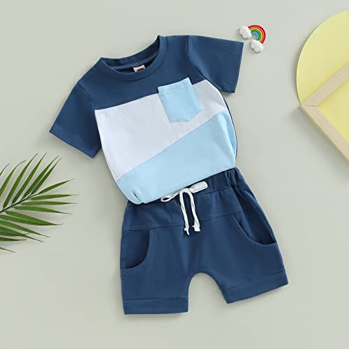 Toddler Baby Boy Summer Clothes Contrast Color Crewneck T Shirt Tops Elastic Solid Infant Shorts Cute Newborn Outfit Dark Blue Light Blue #TOP7