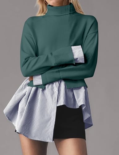 Image of Turtleneck Asymmetrical Sweaters for Women Patchwork 2 in 1 Pullover Knit Sweater Slit Button Down Shirt 2026 Fall