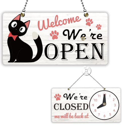 PLIGREAT Cat Pattern Double Sided Open Closed Sign with Clock Welcome We're Open We're Closed Signs for for Business Retail Store Window Wall Decor Hanging Door Signs with Chain, Cute Cat