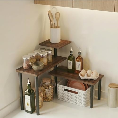 Image of Stylish Prime Wooden Rack for Kitchen Storage, Corner Shelf for Kitchen, Organizer Rack, 3 Tier Spice, Oil Stand, Tabletop Rack for Makeup, Office, Storage Multipurpose (Rustic Brown, 3 Tier)