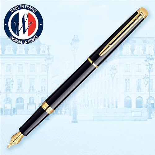 Waterman Hémisphère Fountain Pen Black with Gold Trim Medium Nib Blue Ink Gift Box - Additional View
