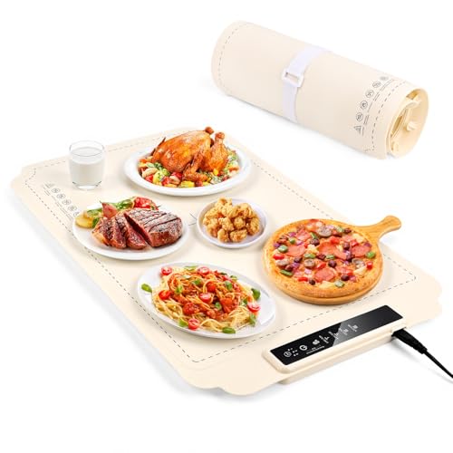 LustLocke Bandeja de Calentamiento Eléctrico, Bandeja Calentamiento de Silicona, Calentador de Platos Electrico con 4 Temperatura, Calienta Platos Electrico Portátil para Buffets, Fiesta (Beige)