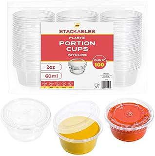 STACKABLES ~ 100 Pack Plastic Portion Cups With Lids ~ Reusable Jello Shot Condiment Cup ~ Dipping Sauce & Salad Dressing Container (2oz - 60ml)