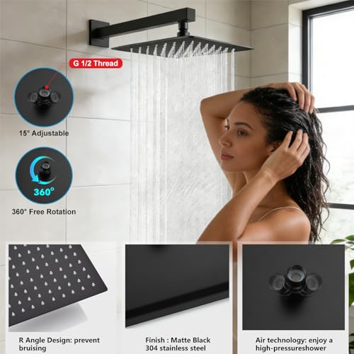 Midanya Rain Shower System Tub Shower Faucet Set Square Rainfall Waterfall Shower Head with Handheld Sprayer Tub Spout Combo Wall Mounted bathtub faucet set Rough-in Valve, 10 Inch Matte Black by Midanya - Used condition - Image 8