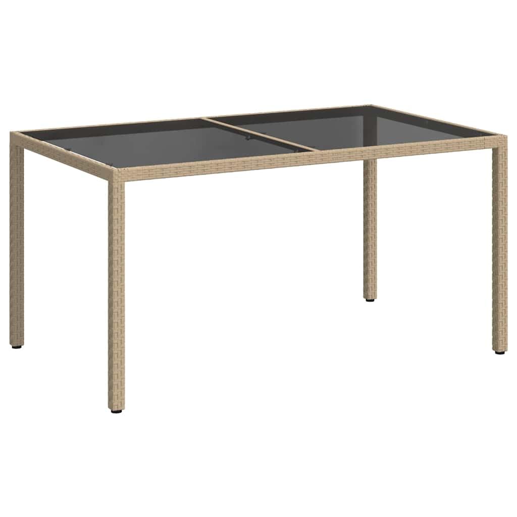 Mesa de jardín de polirratán con tablero de cristal templado, 150 x 90 x 75 cm, beige, para terraza, jardín, exterior