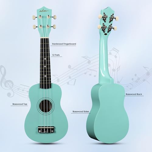 Image of ADM Ukulele for Beginners Hawaiian Wood Ukelele Kit for Kids Adult Student Starter Professional Ukalelee Pack Bundle with Free Lessons Gig Bag Strap Nylon String Tuner (Mint Green, 21 Inch)