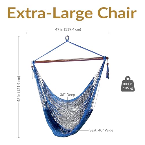 Image of Sunnydaze Outdoor Hammock Chair Swing for Reading - Hanging Hammock Swing for Indoor or Patio - 300lb Capacity - Caribbean XL - Blue