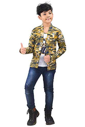 Image of Boy's Full Sleeve Cotton White Printed T-Shirt with Yellow Jacket Shrug Look Smart and Comfortable for Any Casual and Festive Purpose