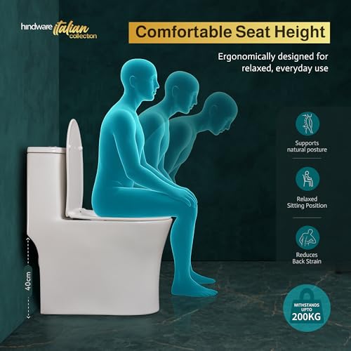 Image of Hindware Italian Collection Aster R One-piece EWC for Bathroom | S-220 Trap | Made of Ceramic | 10-year Warranty | Tornado Flushing | Duroplast Seat Cover | Soft Close