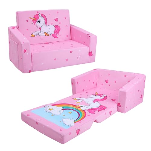 Sofás Plegables para niños con Respaldo Sillón 2 en 1, Sillón Infantil Cómoda Estable Ligero con Bolsillo de Tela, Sofá Cama Asiento para Bebé para Dormitorio Sala de Juegos, Unicornio
