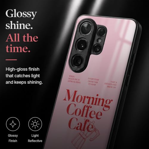 Image of Stylish Designer Glass Case Compatible with Samsung Galaxy S23 FE 5G Back Cover for Women & Girls | Pink Morning Coffee Cafe, Glossy & Scratch-Resistant Finish