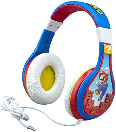 eKids Super Mario Kids Headphones, Adjustable Headband, Stereo Sound, 3.5Mm Jack, Wired Headphones for Kids, Tangle-Free, Volume Control, Childrens Headphones Over Ear for School Home, Travel