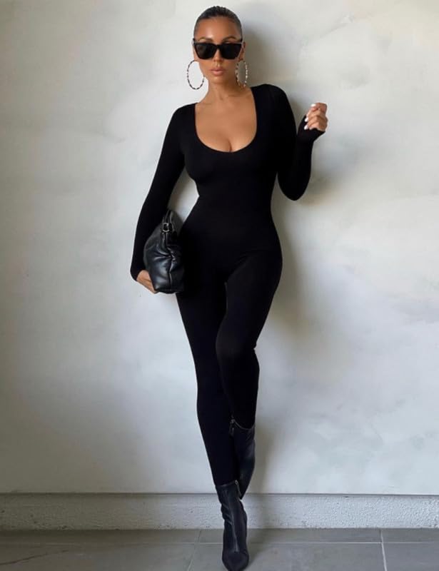 Rongseng Jumpsuit Damen Langarm Rundhalsausschnitt Sport Jumpsuit Lang Eng Stretch Einteiler Bodycon Yoga Bodysuit Overall Nahtloser One Piece Workout Playsuits Sportanzug Trainingsanzug Club Outfit